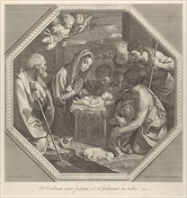 The adoration of the shepherds who kneel together at right before the infant Christ..., ca. 1655-93. Creator: François de Poilly.