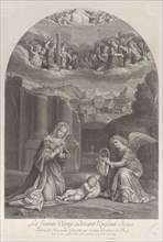 The Virgin Mary adoring the Christ child, an angel holding a crown of thorns at right,..., ca. 1729. Creator: Frédéric Horthemels.