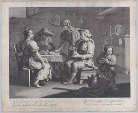 Three people seated around a table at left as a man brings an empty plate..., 1760-70. Creator: Giovanni Volpato.
