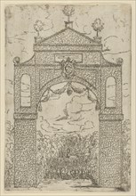 Triumphal arch covered in foliage with mounted troops below, a temporary decoration for th..., 1599. Creator: Guido Reni.