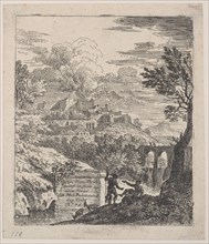 Two shepherds resting next to a pedestal, an aqueduct at right in the background, a..., ca. 1700-25. Creator: Franz Joachim Beich.