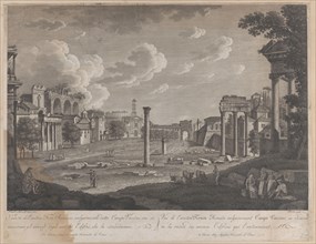 View of the Campo Vaccino, with the Colosseum in the background and the ruins of the Templ..., 1796. Creator: François Morel.