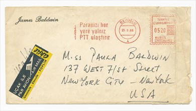 Envelope addressed to Paula Baldwin from James Baldwin, August 25, 1966. Creator: Unknown.