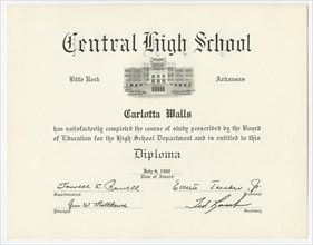 Diploma for Carlotta Walls from Little Rock Central High School, July 8, 1960. Creator: Unknown.