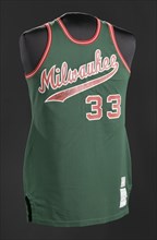 Jersey for the Milwaukee Bucks worn and signed by Kareem Abdul-Jabar, 1973-1975. Creator: Sand-Knit.