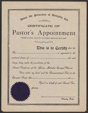 Blank certificate of pastor's appointment for the A.M.E. Church, 20th century. Creator: Unknown.