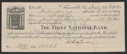 Bill of exchange between Carrie Jordan and Nelson Jordan, September 29, 1909. Creator: Unknown.