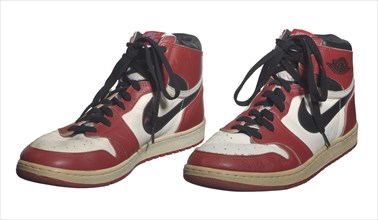 Pair of Air Jordan I shoes game-worn and autographed by Michael Jordan, 1984-1985. Creator: Nike.