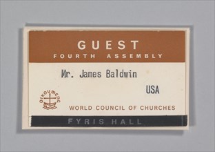 World Council of Churches guest badge for James Baldwin, July 1968. Creator: Unknown.