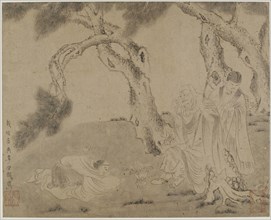 Luohan, attendant, and worshipper under pines, Yuan or Ming dynasty, 1279-1644. Creator: Unknown.
