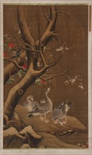 A group of geese under snow-covered willow and blossoming trees, Ming dynasty, 16th-17th cent. Creator: Unknown.