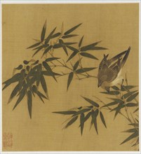 Two birds swinging on a branch of bamboo, Qing dynasty, 18th century. Creator: Unknown.