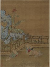 Three children playing on a garden terrace, Ming dynasty, 1368-1644. Creator: Unknown.