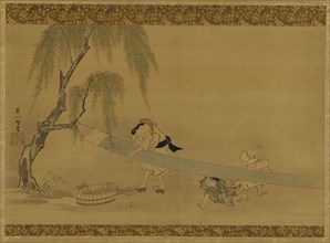 Woman stretching cloth to dry; two children at play, Edo period, late 17th-early 18th century. Creator: Hanabusa Itcho.