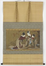 Three shirabyoshi drinking sake heated over a fire of autumn leaves, Edo period, 1800-1850. Creator: Hokuga.