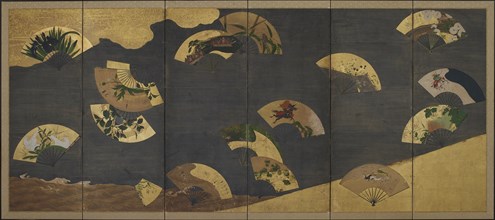 Fans and clouds over rocks and water, Edo period, early 17th century. Creator: Hon'ami Kôetsu.