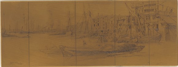 Etching plate: Thames Warehouses, 1859. Creator: James Abbott McNeill Whistler.