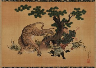 Filial piety: Yang Hsiang saving his father from a tiger, late 18th-early 19th century. Creator: Hokusai.