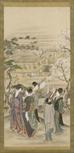 Landscape: parties of men and women looking at cherry blossoms, late 18th-early 19th century. Creator: Hokusai.