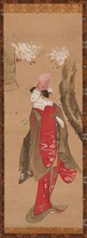 A dancer, Kiyohime, a cherry tree and the bell of Dojo-ji, late 18th-early 19th century. Creator: Hokusai.