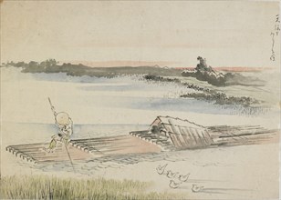 Landscape: boatman poling his raft, late 18th-early 19th century. Creator: Hokusai.