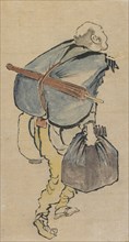 Man carrying back-pack and lantern, late 18th-early 19th century. Creator: Hokusai.