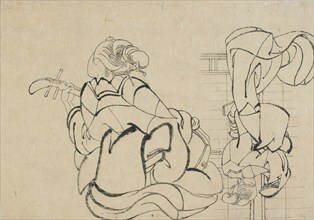 Two sketches: lady playing samisen and lady with back to observer..., late 18th-early 19th century. Creator: Hokusai.