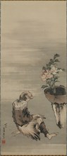 A Seated Man Looking at Potted Peonies, late 18th-early 19th century. Creator: Hokusai.