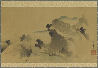 Landscape: mountains, stream and boats, late 18th-early 19th century. Creator: Hokusai.
