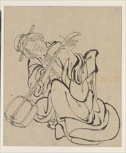 Tuning the Samisen, late 18th-early 19th century. Creator: Hokusai.