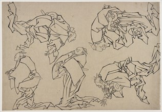 Five musicians playing drums, late 18th-early 19th century. Creator: Hokusai.