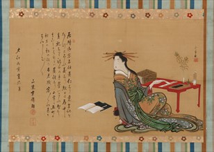 A prostitute sitting beside a writing table, Edo period, 1806, 6th month. Creator: Kitao Masayoshi.