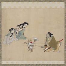 Monkey trainer and monkey performing a dance, Edo period, late 17th century. Creator: Unknown.
