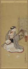 An actor in female dress stringing a samisen, Edo period, mid-late 18th century. Creator: Toriyama Sekien.