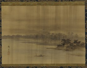 River landscape and temple in the rain, Edo period, 19th century. Creator: Utagawa Hiroshige II.