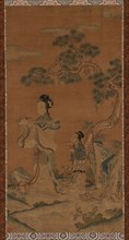 Tapestry: a Daoist female Immortal and attendant under a pine, Ming dynasty, 1368-1644. Creator: Unknown.