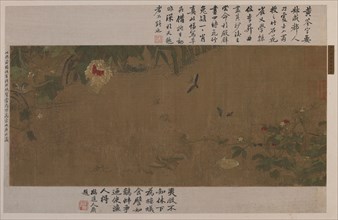 A garden-piece: flowers, fighting grasshoppers, ants and other insects, Ming dynasty, 1368-1644. Creator: Unknown.