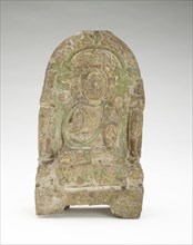 Seated Buddha (Shakyamuni) with bodhisattvas, monks, and lions, Period of Division, 549 CE. Creator: Unknown.
