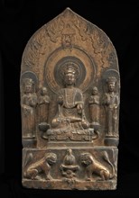 Buddhist tablet: seated central figure flanked by monk..., Period of Division, 550-577. Creator: Unknown.