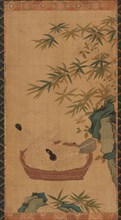 Tapestry: doves bathing in a bowl; rocks and bamboos, Possibly Ming dynasty, 1368-1644. Creator: Unknown.