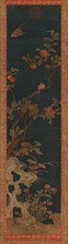 Tapestry: birds, peach-tree, rocks, and flowers on a blue ground, Qing dynasty, 1644-1911. Creator: Unknown.
