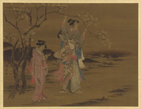 Two girls and a man under a cherry tree, Edo period, 1615-1868. Creator: Unknown.
