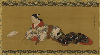 Yujo reclining and reading a musical score, Edo period, 1615-1868. Creator: Unknown.