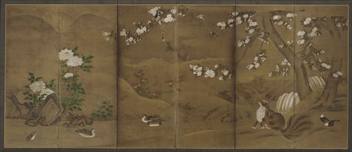 Birds, flowers of the seasons, and civet cats, Muromachi or Momoyama period, 16th century. Creator: Unknown.