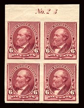 6c James A. Garfield proof plate block of four, February 22, 1890. Creator: American Bank Note Company.