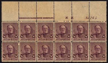 8c William T. Sherman imprint plate block of twelve, March 21, 1893. Creator: American Bank Note Company.