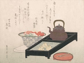 Utensils for Tea and a Cake-Bowl, 19th century. Creator: Kikugawa Eizan.