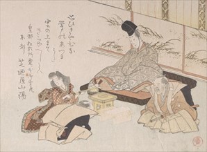 Nobleman Receiving a Kyoka (Humorous Poem)..., 19th century. Creator: Kubo Shunman.