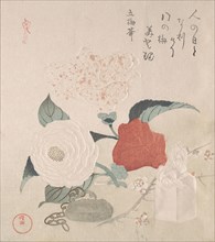 Camellia Flowers, a Netsuke and a Seal, 19th century. Creator: Kubo Shunman.