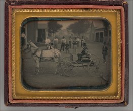 Untitled (Man with Top Hat and Boy atop Horse-Drawn Carriage), 1854. Creator: Unknown.